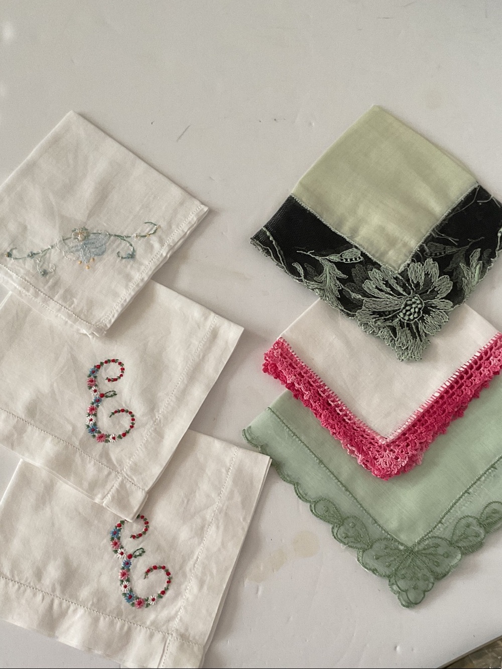 Vintage Floral Embroidered and Lace Handkerchief Set - Mint, White & Pink